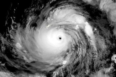 A satellite image showing Typhoon Mawar, as it approaches Guam