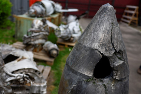 Warhead of a Kh-47 Kinzhal Russian hypersonic missile, shot down by Ukrainian Air Defence is seen at a compound of Scientific Research Institute in Kyiv