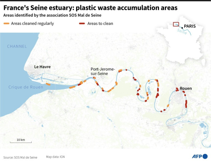 Map of macroplastic accumulation areas on the banks of the Seine estuary in France, according to the association SOS Mal de Seine.