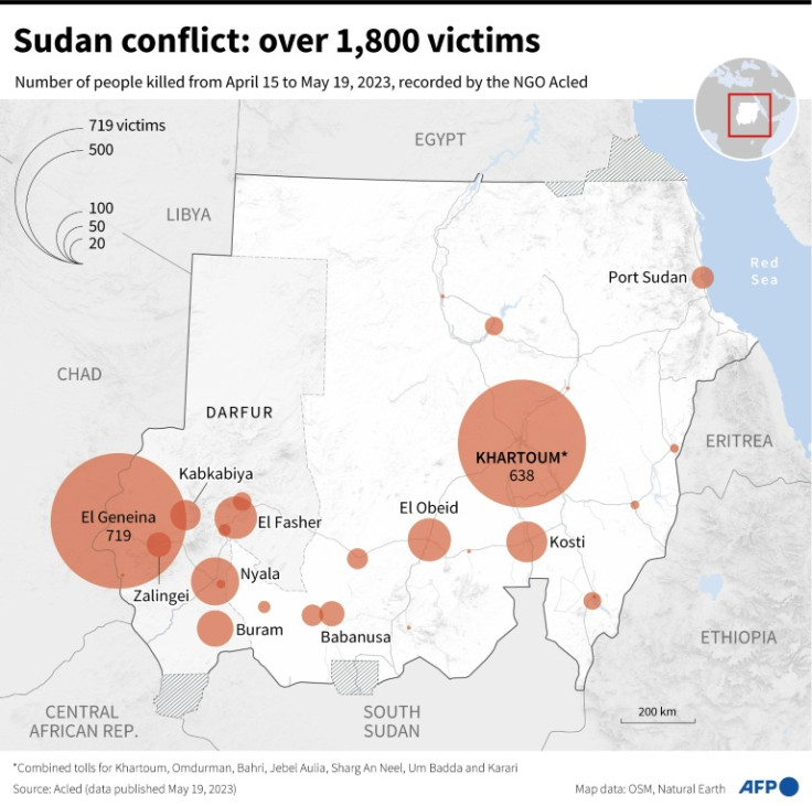 Map showing number of people killed in fighting and strikes in Sudan between April 15 and May 19, according to data from NGO Acled