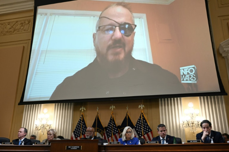 Stewart Rhodes, founder of the Oath Keepers, is seen on a screen in June 2022 during a Congress committee hearing to investigate the attack on the US Capitol