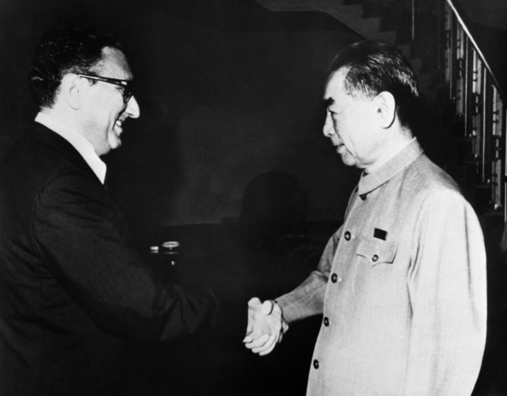 US envoy Henry Kissinger shakes hands with Chinese premier Zhou Enlai in Beijing on a secret trip in July 1971 as Kissinger looked to establish relations