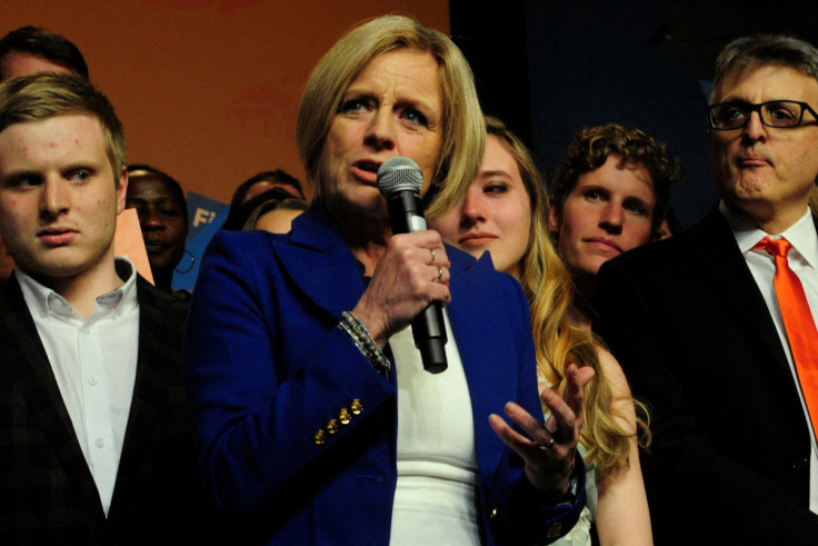 Alberta New Democratic (NDP) leader and Premier Rachel Notley reacts to her loss at her election night party in Edmonton