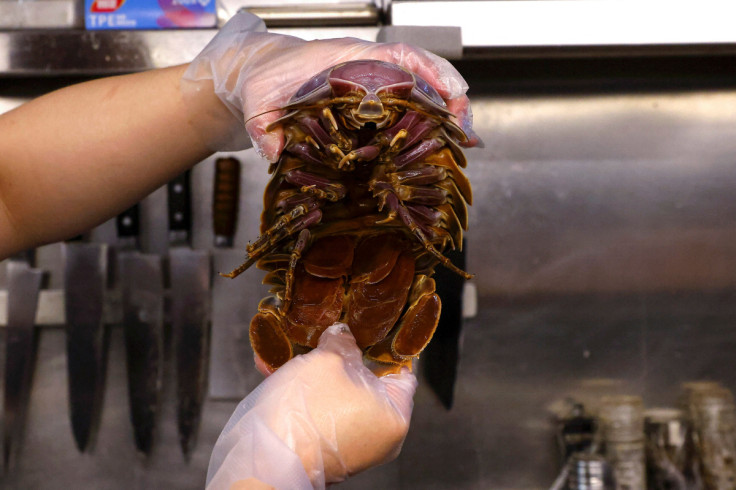 Hu, the owner of the restaurant, holds the giant isopod for a photo in the kitchen in Taipei