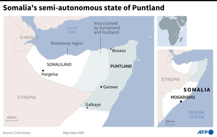 Map of northern Somalia showing the semi-autonomous state of Puntland, the breakaway region of Somaliland and the area claimed by both territories