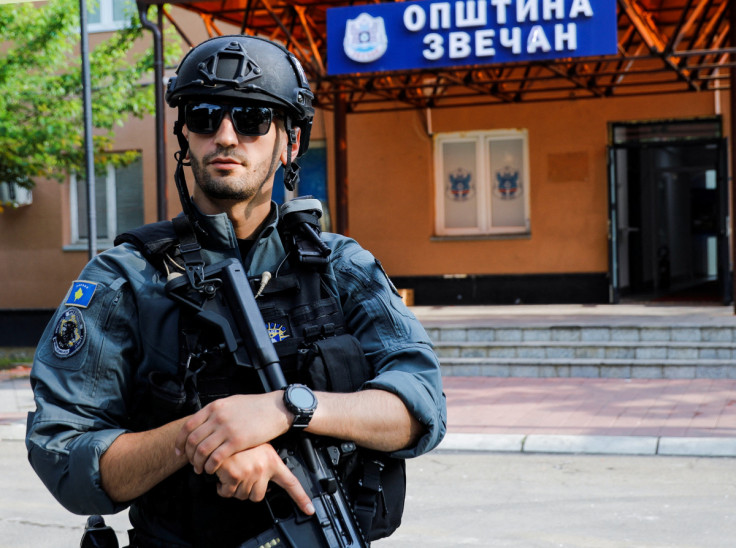 Kosovo special police forces guard the municipal offices in Zvecan