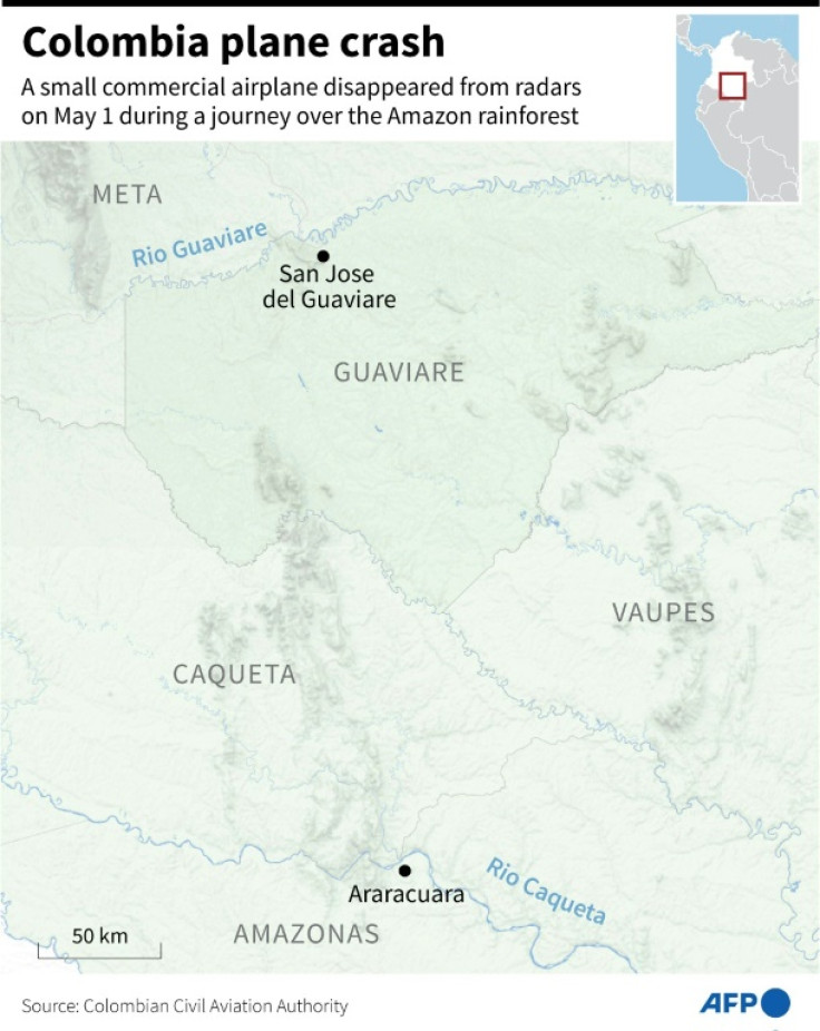 Map of Colombia showing the area where a small commercial airplane disappeared from radars on May 1 during a journey over the Amazon rainforest.