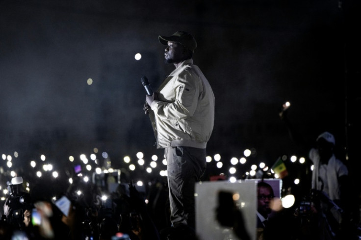 Opposition leader Ousmane Sonko addressing supporters at a rally in March