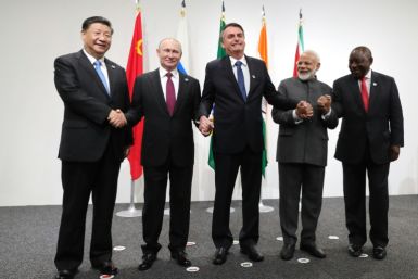 Lineup at the BRICS summit in 2019: Chinese President Xi Jinping (left); Russian President Vladimir Putin; Brazil's then president, Jair Bolsonaro; Indian Prime Minister Narendra Modi; and South African President Cyril Ramaphosa