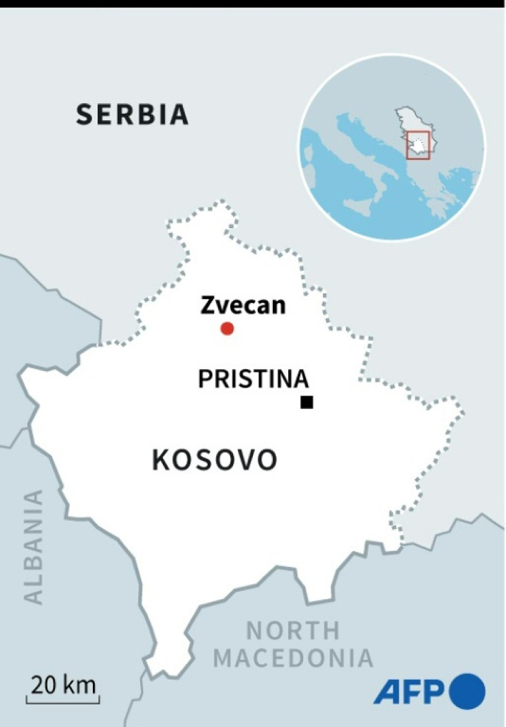 Map of Kosovo, locating the northern town of Zvecan where dozens of peacekeepers deployed in a NATO-led mission were injured on Monday in clashes with Serb protesters.