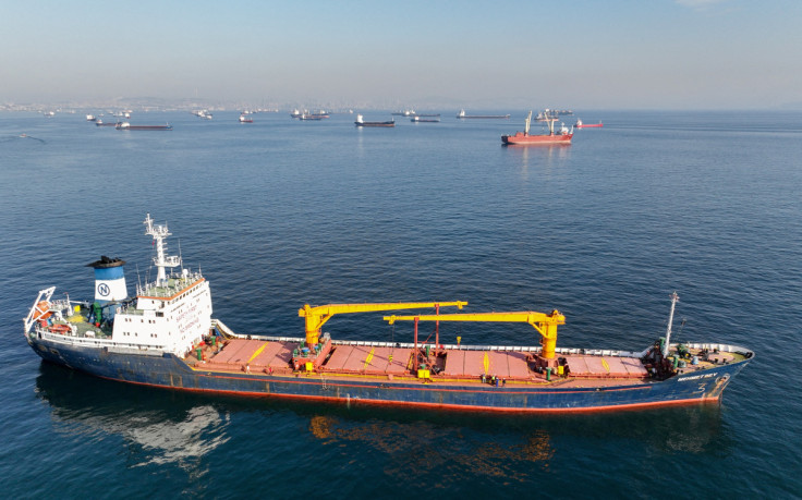 Commercial vessels including vessels which are part of Black Sea grain deal wait to pass the Bosphorus strait off the shores of Yenikapi in Istanbul