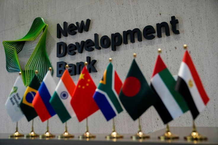 A sign of the New Development Bank (NDB) is pictured at its headquarters in Shanghai