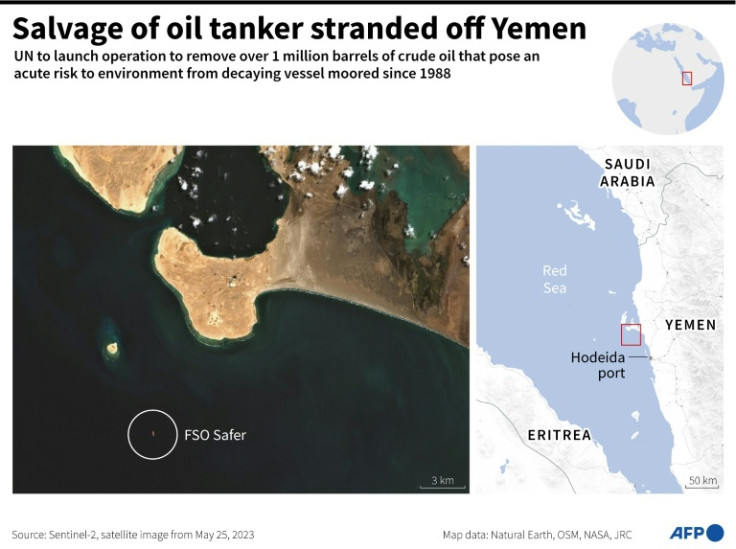 Map locating decaying supertanker FSO Safer as the UN prepares to launch a salvage plan to remove over 1 million barrels of oil from the vessel