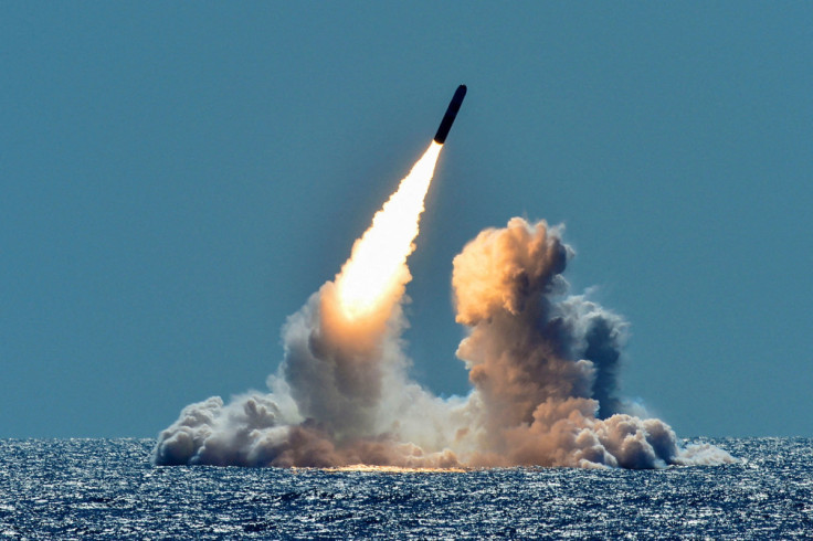 An unarmed Trident II D5 missile is test-launched from the ballistic missile submarine USS Nebraska