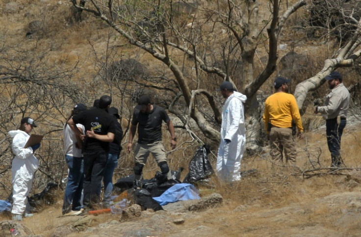 Forensic experts extract  bags containing human remains from a ravine in Zapopan, Jalisco state, Mexico