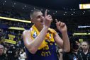 Denver's Nikola Jokic reacts to the Nuggets' 104-93 victory over the Miami Heat in game one of the NBA Finals