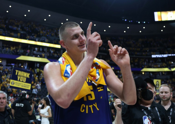 Denver's Nikola Jokic reacts to the Nuggets' 104-93 victory over the Miami Heat in game one of the NBA Finals