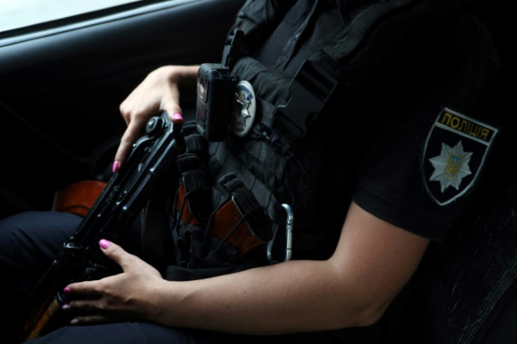 A Ukrainian police officer  during a patrol