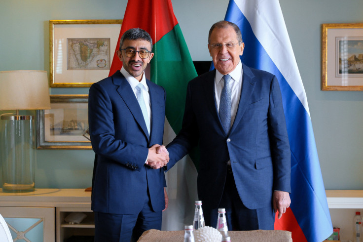 Russia's Foreign Minister Sergei Lavrov and the United Arab Emirates' Foreign Minister Sheikh Abdullah bin Zayed Al Nahyan meet in Cape Town