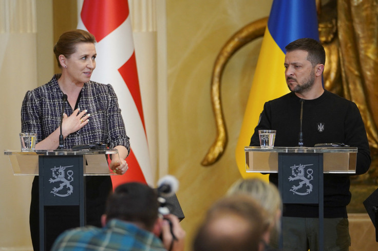 Finland's President Sauli Niinisto and Ukraine's President Volodymyr Zelenskiy attend a press conference with the Prime Ministers of Sweden, Denmark, Norway and Iceland, in Helsinki