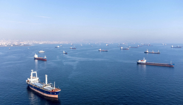 Commercial vessels including vessels which are part of Black Sea grain deal wait to pass the Bosphorus strait off the shores of Yenikapi in Istanbul, Turkey