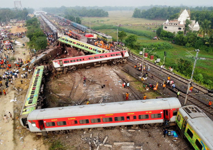 A drone view shows derailed coaches after two passenger trains collided in Balasore