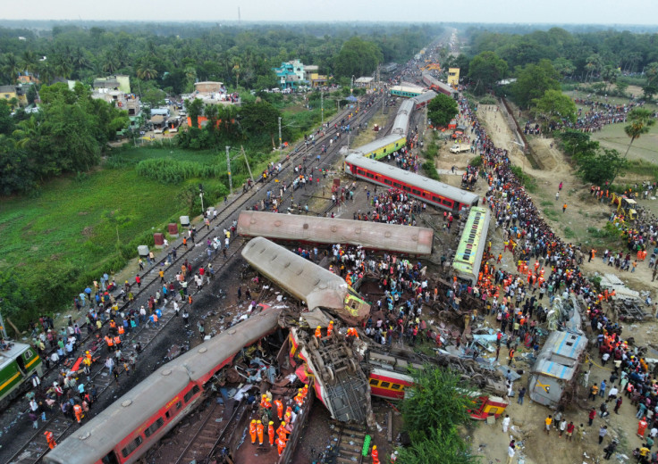 A drone view shows derailed coaches after trains collided in Balasore