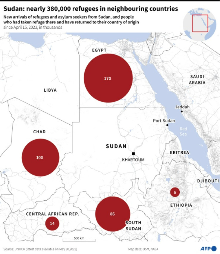 Map of Sudan and neighbouring countries showing the number of refugees fleeing the conflict by country of destination as of May 30, according to UNHCR