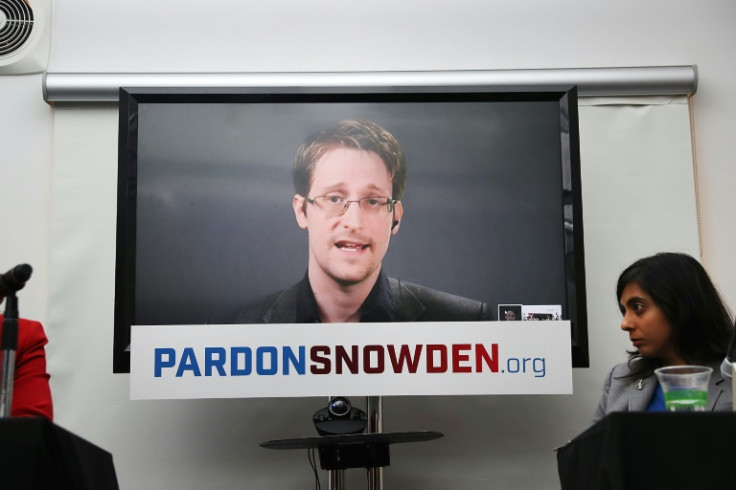Edward Snowden speaking via video link at a news conference for the launch of a campaign calling for then president Obama to pardon him in September 2016 in New York City