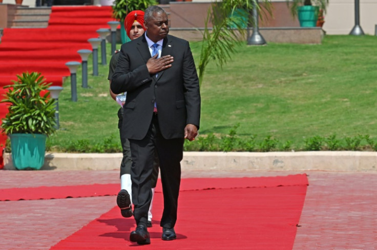 US Secretary of Defense Lloyd Austin inspects a guard of honour during his ceremonial reception in New Delhi on Monday