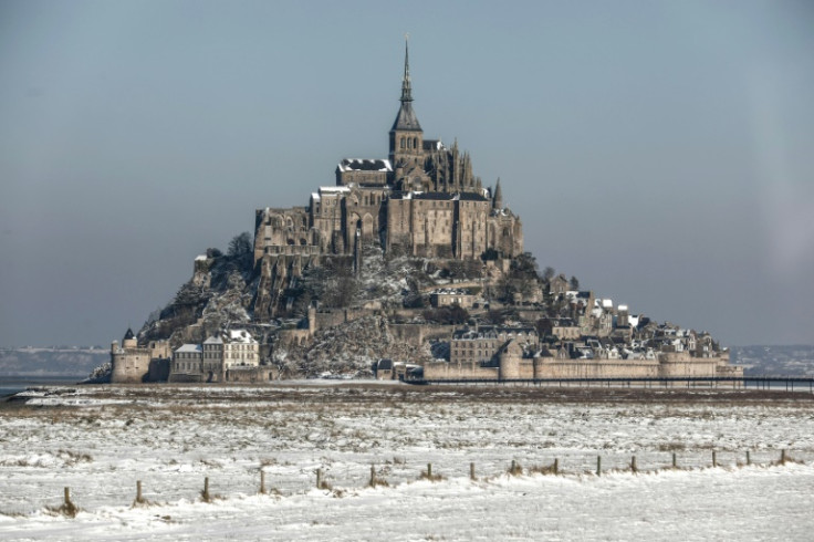 Snow covers the Mont Saint-Michel in Normandy, northwestern France