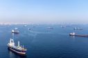 Commercial vessels including vessels which are part of Black Sea grain deal wait to pass the Bosphorus strait off the shores of Yenikapi in Istanbul, Turkey