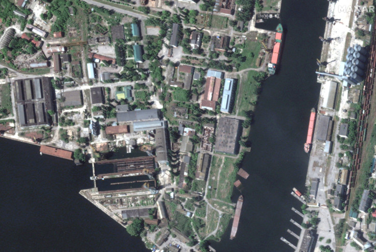 A satellite image shows extensive flooding along the Dnipro River