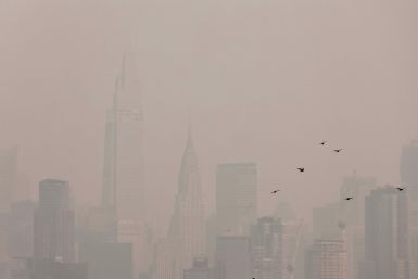 The Manhattan skyline is covered in haze and smoke caused by a wildfire in Canada, in New York