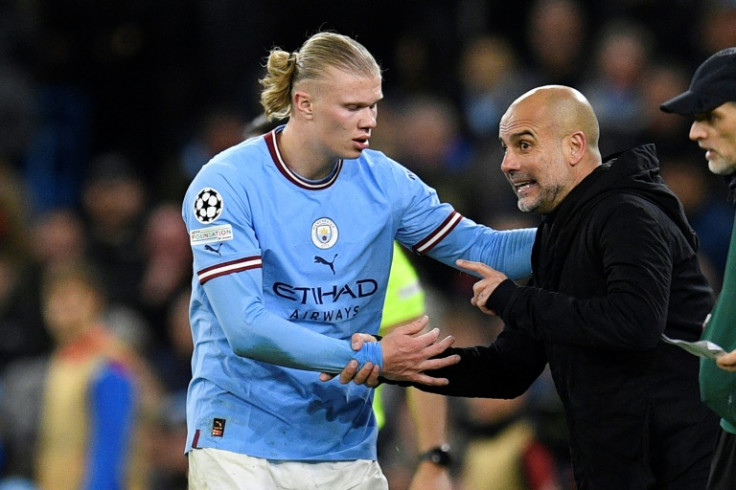 Manchester City boss Pep Guardiola with Erling Haaland during his side's win over Bayern Munich in the quarter-finals of this season's Champions League