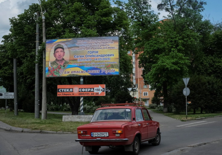 View shows a board commemorating a Ukrainian soldier, who was killed during fighting with Russian troops, in Poltava