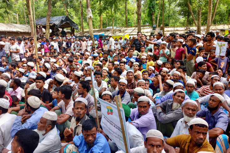 Rohingya refugees gather to mark the fifth anniversary of their fleeing from neighbouring Myanmar to escape a military crackdown in 2017, in Cox's Bazar