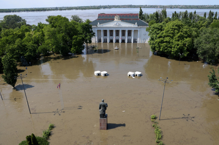A view shows the House of Culture on a flooded street in Nova Kakhovka