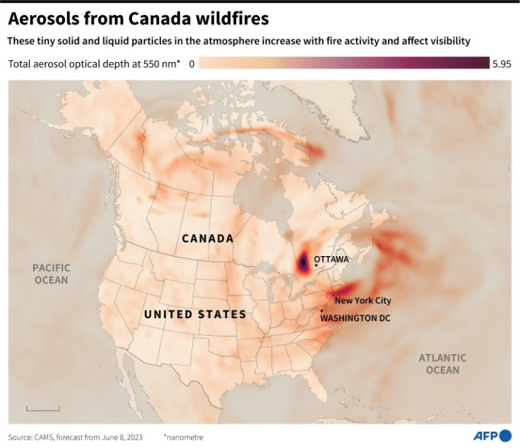 Map showing forecasted total aerosols on June 8, which increase with fire activity