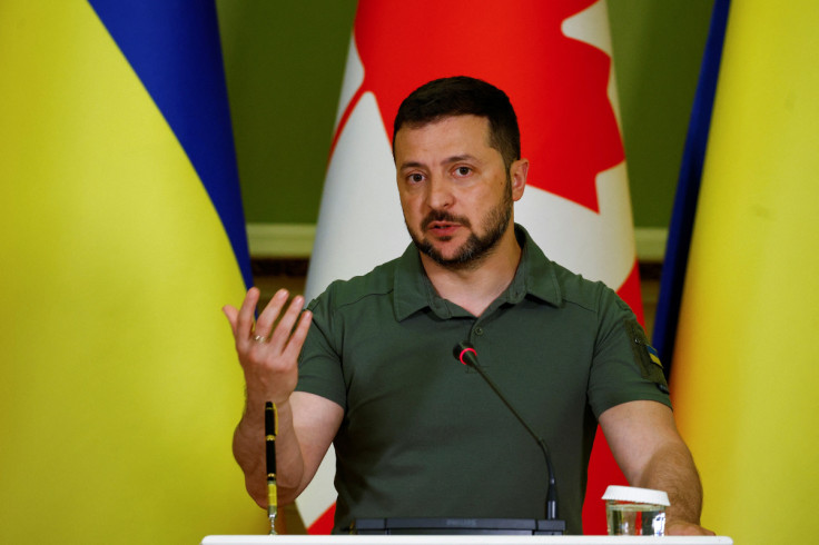 Ukraine's President Zelenskiy speaks during a joint press conference with Canadian Prime Minister Trudeau in Kyiv