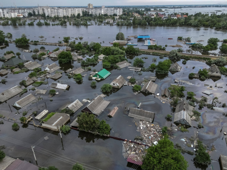 An aerial view shows a flooded area after the Nova Kakhovka dam breached in Kherson