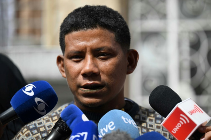 Manuel Miller Ranoque, father of Indigenous children rescued in the Colombian jungle 40 days after surviving a small plane crash, speaks to reporters in Bogota