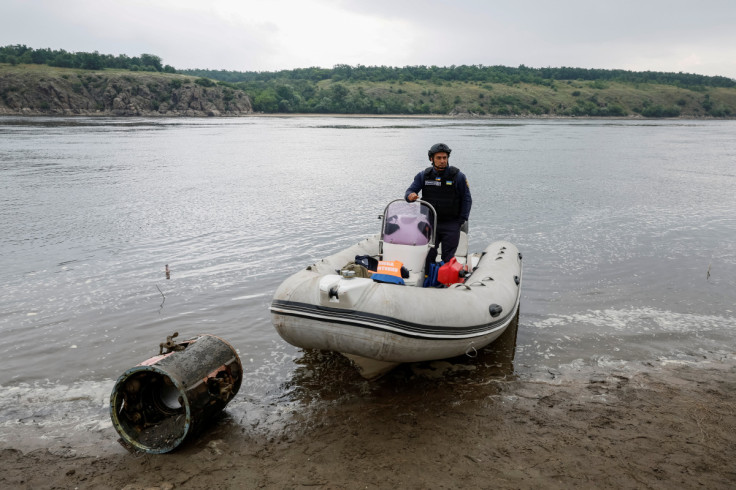 Deminers retrieve wreckage of S-300 rocket from Dnipro river after Kakhovka dam destruction, in Zaporizhzhia