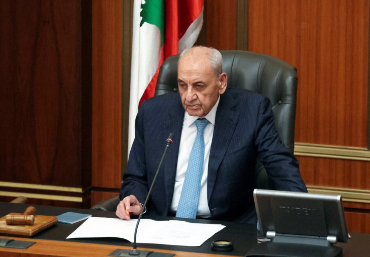 Lebanese Parliament Speaker Nabih Berri leads a parliament session in Beirut