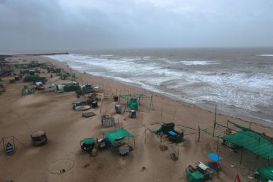 Drone view shows dark clouds over Mandvi beach before the arrival of cyclone Biparjoy in the western state of Gujarat
