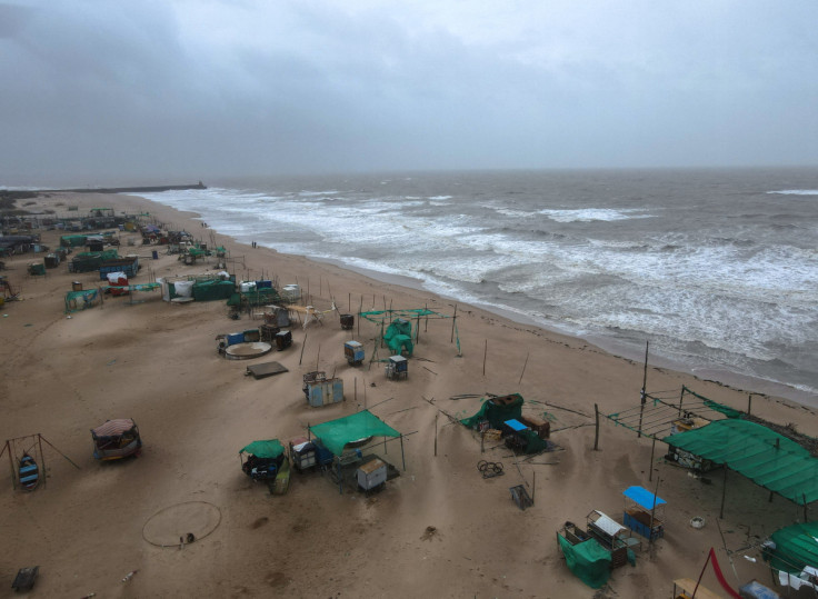 Drone view shows dark clouds over Mandvi beach before the arrival of cyclone Biparjoy in the western state of Gujarat