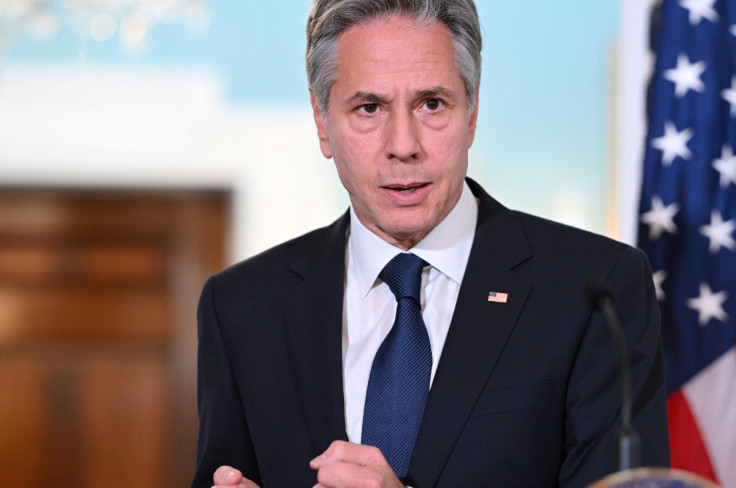 U.S. Secretary of State Antony Blinken speaks to members of the media in the Treaty Room of the State Department in Washington