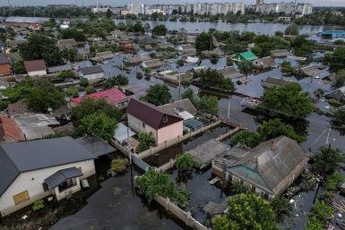 An aerial view shows a flooded area after the Nova Kakhovka dam breached in Kherson
