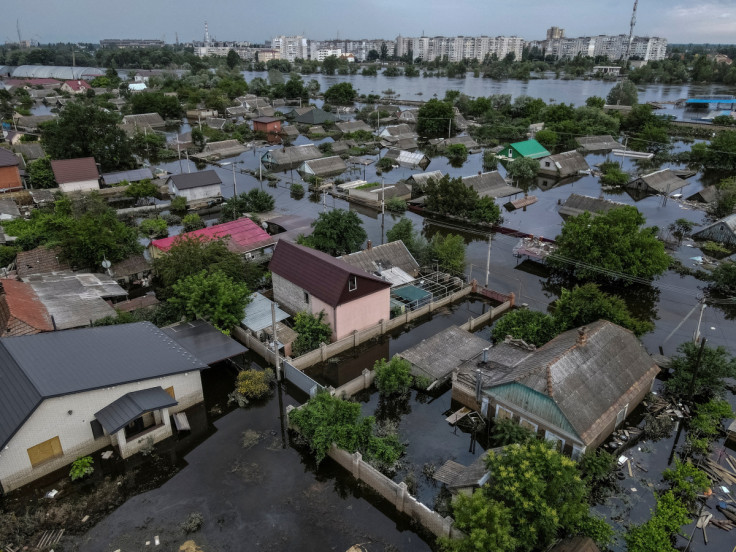 An aerial view shows a flooded area after the Nova Kakhovka dam breached in Kherson