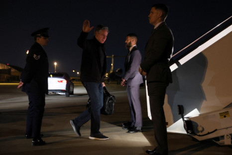 U.S. Secretary of State Antony Blinken boards his plane for his travel to China and the UK from Joint Base Andrews